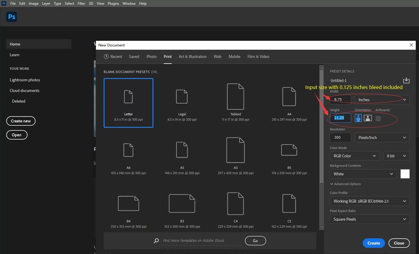 set up bleed in Adobe Photoshop